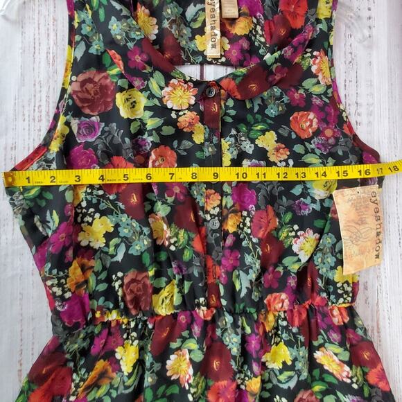 Sleeveless Midi Dress Black w/Floral Print Sz L Tier Asymmetric Whimsy Fairy NWT - Picture 9 of 11